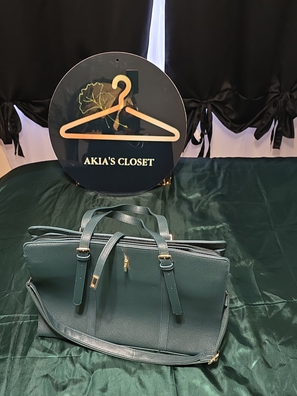Teal Structured Tote Bag with Gold Hardware -